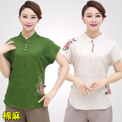 中年妈妈装亚麻上衣中老年大码女装衬衫夏装短袖蕾丝棉麻T恤女