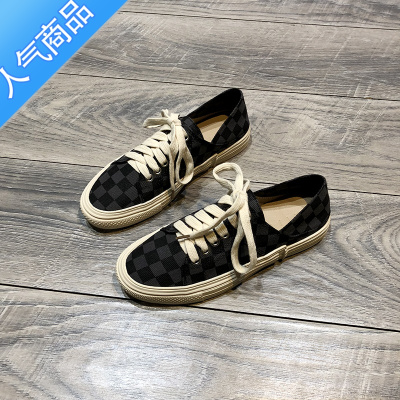 SUNTEK小众设计棋盘格帆布鞋女2023春季新款系带休闲板鞋百搭厚底单鞋潮