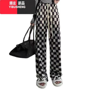 YIBUSHENG扎染棋盘格阔腿裤子女薄款直筒休闲裤冰丝拖地裤格子黑白格松紧腰