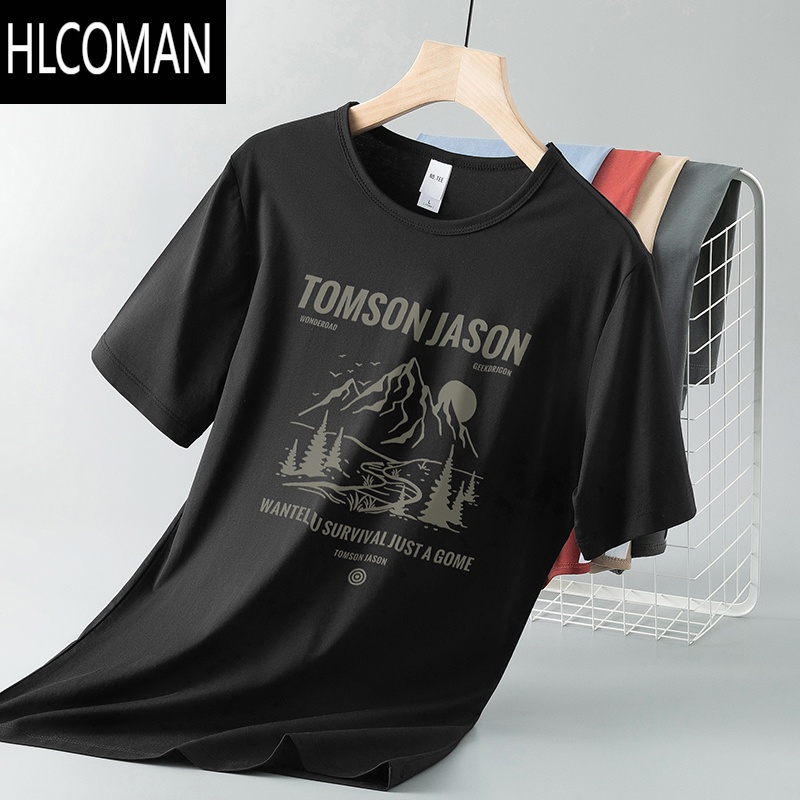 HLCOMAN莫代尔冰丝t恤男士短袖凉感速干半袖圆领上衣服夏季潮流印花体恤