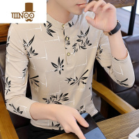 YANXU新款印花长袖男t恤韩版潮流修身上衣男士立领内搭打底衫