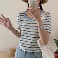 条纹短袖针织衫女夏季女装新款修身显瘦撞色韩版打底衫上衣INS潮