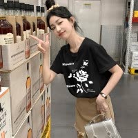 [2.5折价43.8元叠加优惠券]唐狮夏季女圆领前胸花朵图案短袖T恤韩系百搭慵懒风时尚潮流