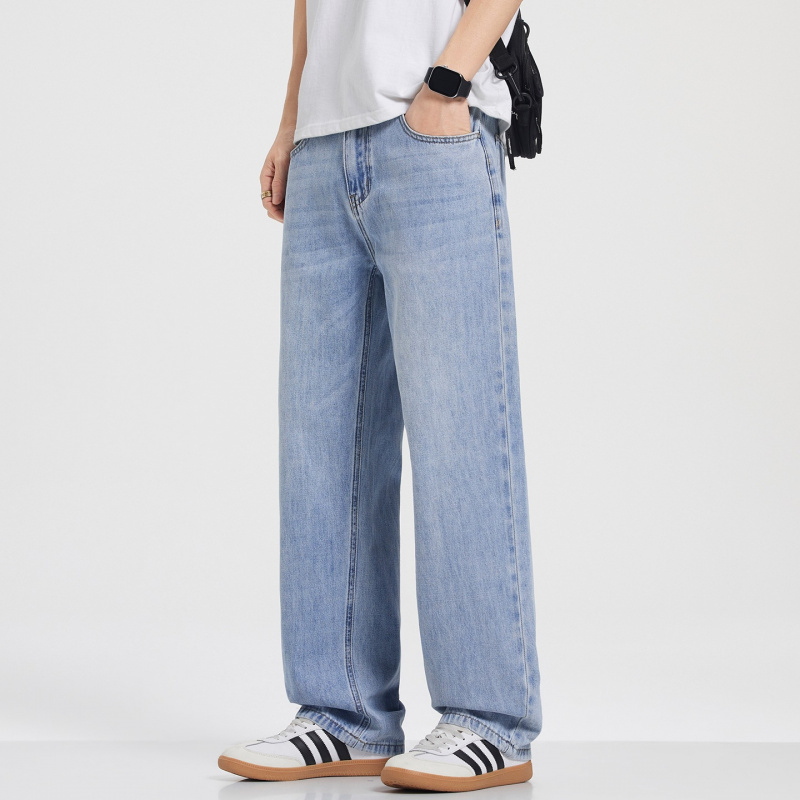 夏季男士浅蓝牛仔裤宽松直筒阔腿拖地裤美式复古水洗休闲长裤子男_1
