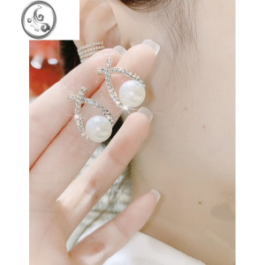 JiMi交错式珍珠耳钉镶钻气质百搭网红耳环简约925银针耳坠耳饰女