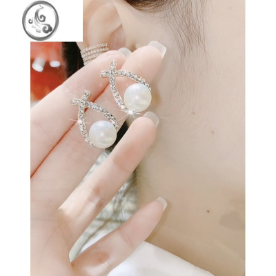 JiMi交错式珍珠耳钉镶钻气质百搭网红耳环简约925银针耳坠耳饰女