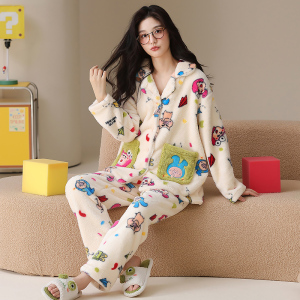 浪莎法兰绒睡衣女秋冬季加绒加厚珊瑚绒2025新款卡通可外穿家居服