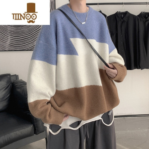 YANXU毛衣男宽松休闲百搭韩版潮流拼接针织衫新款港风潮牌线衣外套