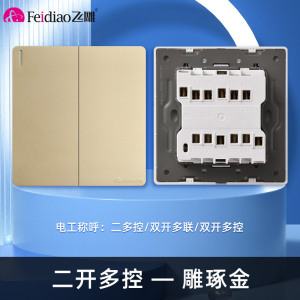 飞雕(FEIDIAO)开关插座86型家用暗装 超大面板钢支架 雕琢系列电源墙壁开关面板 雕琢金二开多控