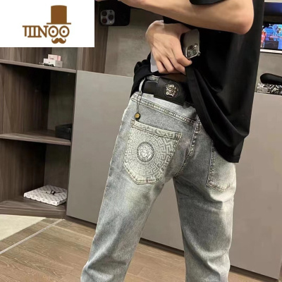 YANXU2023年秋季新款印花牛仔裤男网红潮牌修身百搭学生九分休闲长裤子