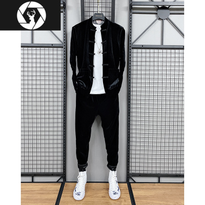 HongZun社会人精小伙唐装套装秋冬中国风一套男装网红同款金丝绒两件套其他套装