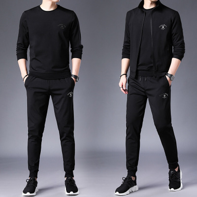 梵克公牛2021春季新款青年外套男式休闲运动套装宽松印花长袖卫衣三件套商务休闲官方男装119HB8683-1套装