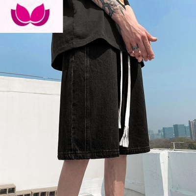 七斓编织抽绳牛仔短裤男夏季港风高街水洗五分裤子潮流ins宽松大裤衩