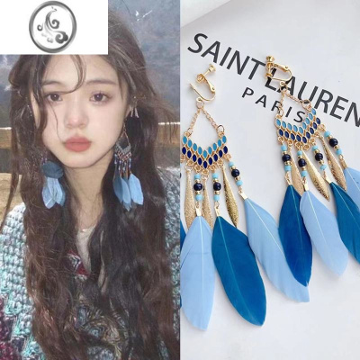 JiMi民族风波西米亚耳环女复古流苏羽毛串珠长款度假耳坠耳夹无耳洞女