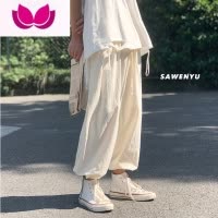 七斓裤子男潮牌直筒亚麻裤日系大码阔腿九分休闲裤宽松束脚运动裤