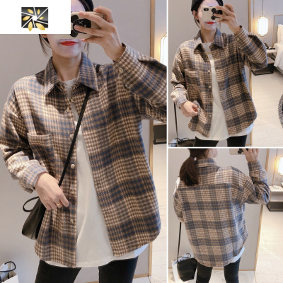 韩版宽松磨毛格子衬衫女外穿百搭长袖衬衣外套欧货2020秋冬新款潮