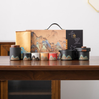 苏氏陶瓷(SUSHI CERAMICS)手绘釉画彩千里江山四色杯清风壶套装禅黑文创伴手礼套组
