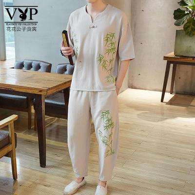 花花公子贵宾夏季舒适套装男青年中国风休闲大码棉麻短袖t恤男士九分裤两件套