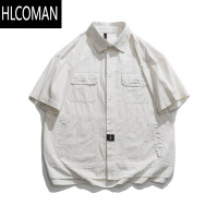 HLCOMAN日系复古咖啡色工装短袖衬衫男女生廓形学生夏季宽松半袖衬衣外套