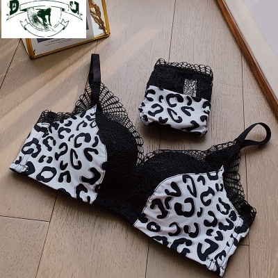 HLCOMAN小胸无钢圈文胸套装聚拢性感胸罩网红豹纹蕾丝性惑内衣内裤一套女文胸套装