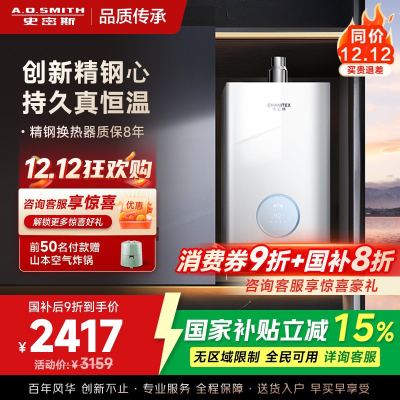 AO史密斯佳尼特16升燃气热水器佳尼特 小体积 不锈钢换热器8年包换 恒温大水量 抗风防冻 JSQ31-TCA1