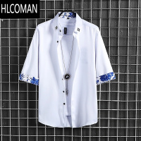 HLCOMAN男士短袖衬衫冰丝中国风半袖夏季五分袖发型师七分袖衬衣