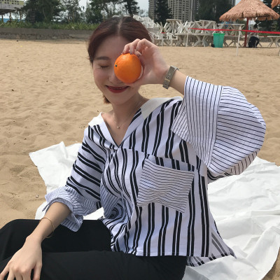 秋装新款韩版休闲竖条纹连帽套头衬衫女宽松显瘦百搭长袖上衣衬衣