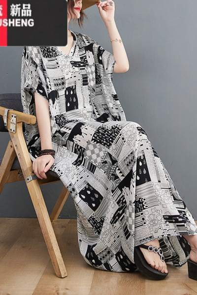 YIBUSHENG绵绸宽松大码显瘦减龄气质连衣裙子V领遮肉显瘦长裙长袍子季女