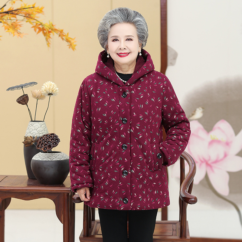 年冬装新款奶奶装复古老年棉衣女加绒加厚款连帽保暖妈妈装