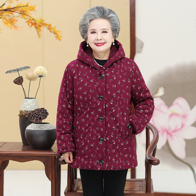 年冬装新款奶奶装复古老年棉衣女加绒加厚款连帽保暖妈妈装