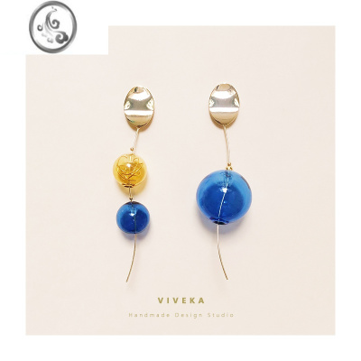 JiMi原创高级感镜面耳钉不对称撞色玻璃球气泡长款小众耳环ins港风女