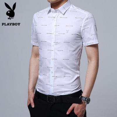 花花公子短袖衬衫男装夏季韩版休闲格子大码衬衣青年男士职业