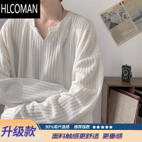 HLCOMAN美式高街V领卫衣男纯色休闲百搭肌理感加绒白色长袖T恤