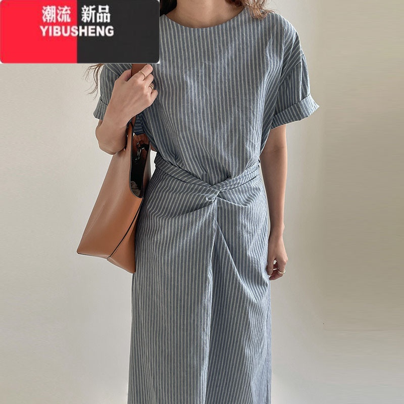 YIBUSHENG韩国东大门复古气质撞色条纹纽结设计系带收腰显瘦短袖连衣裙女