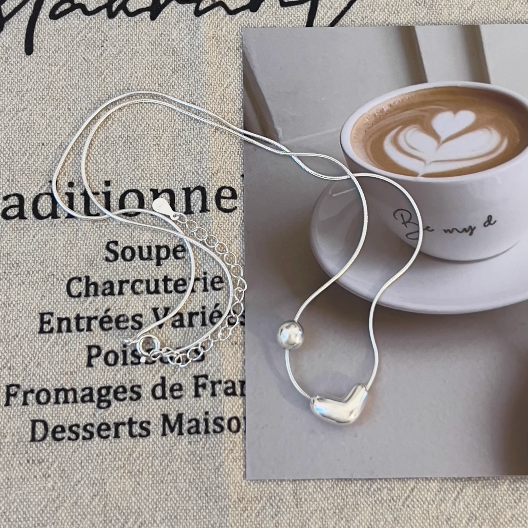 S925纯银爱心圆珠项链简约小众设计感颈链韩系日常毛衣链银饰送女朋友老婆情人节七夕生日礼物