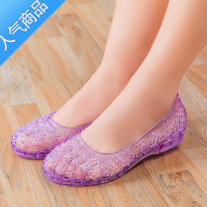 SUNTEK防滑水晶凉鞋女外穿仙女上班坡跟包跟中老年人低跟平底洞洞鞋