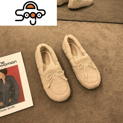 七色王国蝴蝶结毛毛鞋女冬外穿网红新款加绒豆豆鞋时尚平底一脚蹬懒人鞋女休闲鞋