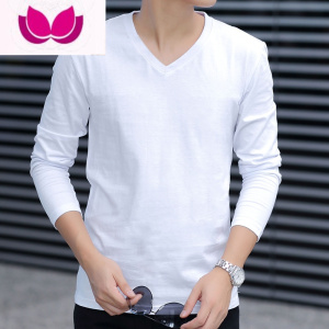 七斓潮流男士长袖t恤V领2023新款上衣服男装春季纯色白体桖打底衫