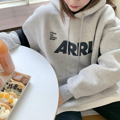 灰色连帽卫衣女秋冬季情侣宽松bf慵懒风外套新款加绒上衣服潮