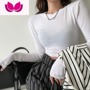 七斓ins辣妹t恤女秋季高腰露脐紧身短款长袖打底衫显瘦百搭纯色上衣潮