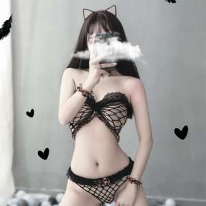 长夜漫漫 情趣内衣性感网眼透视野性豹纹诱惑三点式夜店制服分体带尾巴激青套装开档露乳免脱欧美比基尼女式情趣睡衣成人用品 黑色 均码