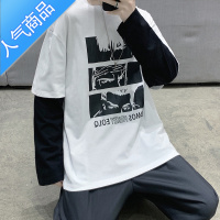 喻娄假两件长袖t恤男春季韩版宽松休闲上衣港风潮流大码卡通帅气外套T恤