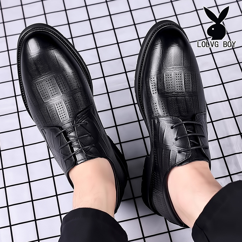 男士洞洞款皮鞋男夏季棕色新款凉鞋真皮商务正装系带镂空透气休闲