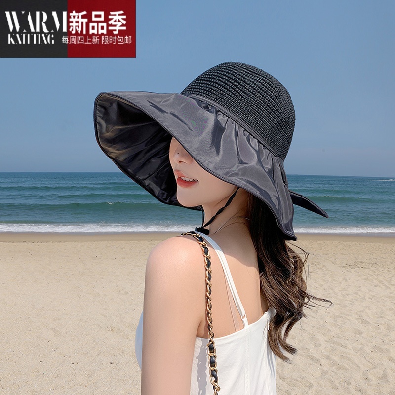 shanchao黑胶帽子女夏天蝴蝶结超大檐可折叠渔夫帽遮阳帽