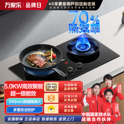 万家乐猛火全进风燃气双灶 台式嵌入式两用大火力一级能效70%热效率开孔尺寸可调节AY6 70%热效率5.0KW