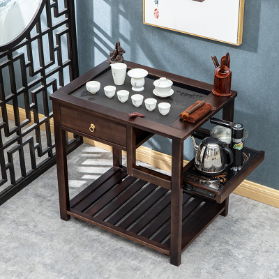 实木功夫茶具套组花梨木实木移动茶车带轮多功能茶具套装茶桌边柜自动烧水壶茶水柜胡桃色祥瑞+羊脂玉瓷知足黑色全自动套装