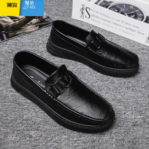聚范国潮中国潮流男鞋新款2023冬季英伦风黑色休闲一脚蹬开车豆豆皮鞋