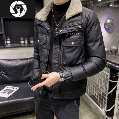 HongZun羔毛翻领pu皮棉衣男韩版潮流加厚潮牌2020新款短款棉服夹克袄子棉衣