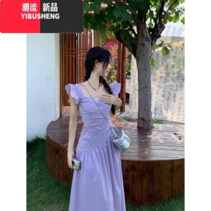 YIBUSHENG小个子甜美风仙连衣裙女学院风无袖初恋小白裙仙气小飞袖长裙