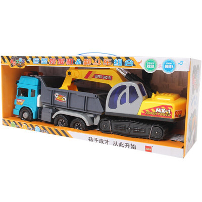 乐飞Lefei仿真车模型耐摔工程车音乐灯光故事汽车模型挖掘机吊车挖土机婴幼儿童玩具车乐飞-挖掘机翻斗车组合7855